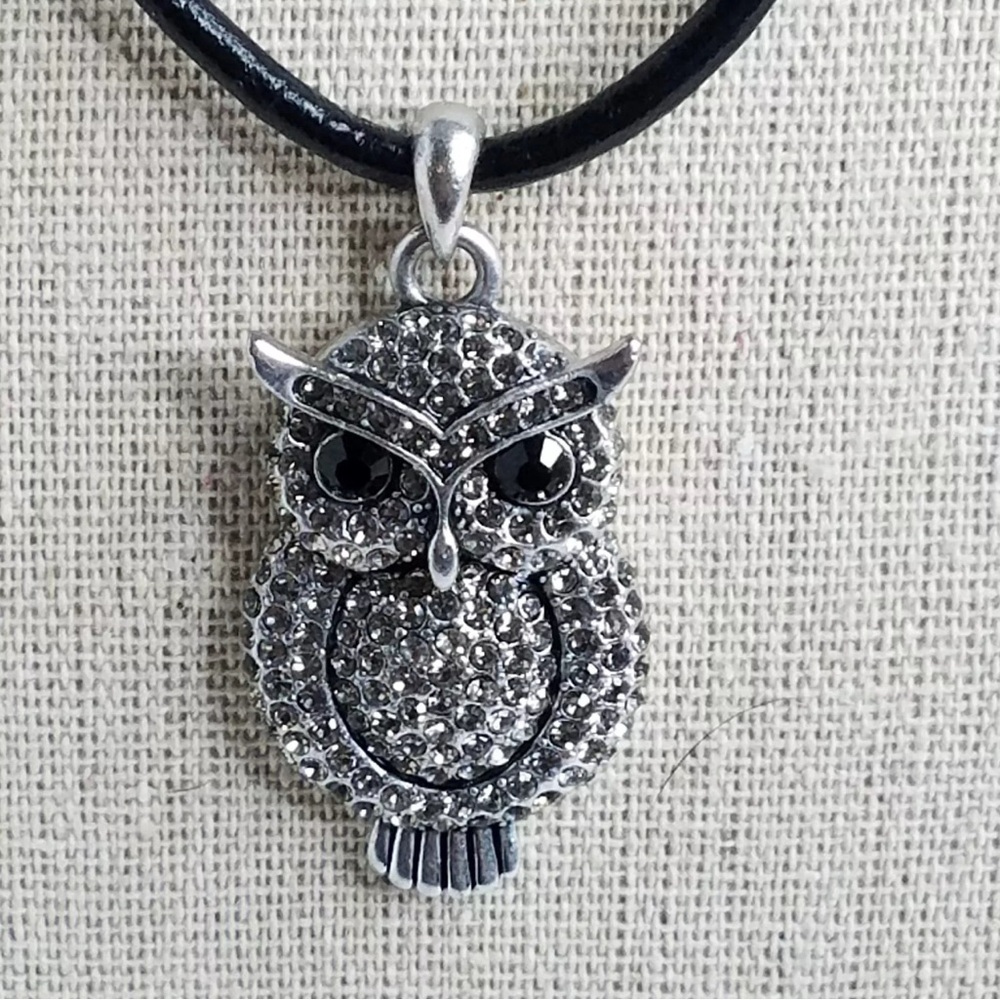 Sparkly Owl Pendant Necklace with Rhinestones on Black Cord 16” Chain